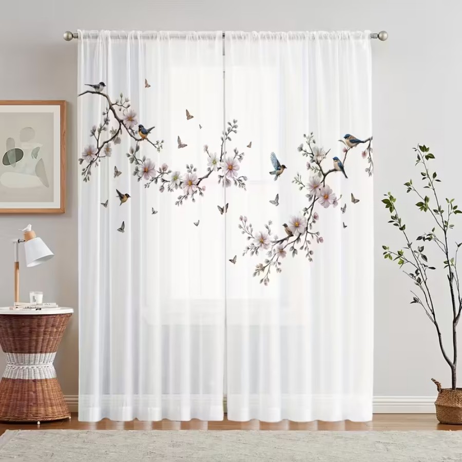 Flower Wall Panel - 2PCS Cortina Transparente com Estampa Digital,